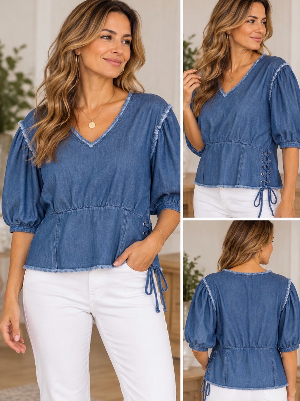 Madewell Indigo Denim V-Neck Puff Sleeve Blouse